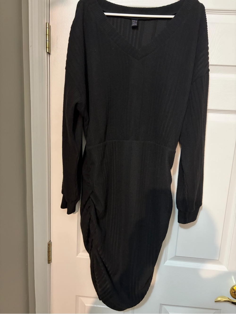 SHEIN Black Ribbed V-Neck Sweater Dress